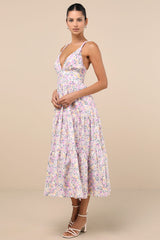 Brightly Blossoming Pink Multi Floral Tiered Midi Dress