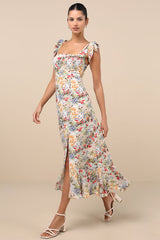Summer Invite White Multi Floral Tie-Strap Tiered Midi Dress