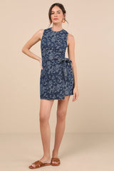 Albena Dark Wash Floral Denim Sleeveless Mini Wrap Dress