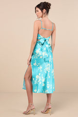 Glamorous Efforts Aqua Floral Print Tie-Back Midi Dress