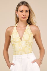 Lilou Yellow Jacquard Halter Bodysuit