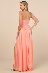 Luxe Favorite Peach Pink Strapless Ruched Maxi Dress