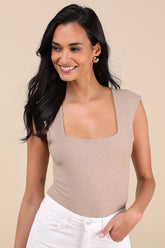 Sweet Crush Taupe Ribbed Square Neck Bodysuit