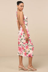 Harleigh Light Yellow Floral Column Halter Midi Dress