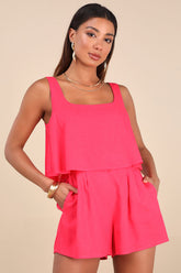 Effortless Escape Hot Pink Linen Sleeveless Flounce Romper