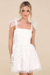Classic Romance White 3D Floral Applique Tie-Strap Mini Dress
