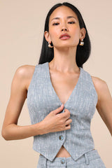 Alfonsa Light Blue Tweed Button-Front Vest Top