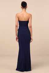 Excellent Sensation Navy Strapless Ruffled Maxi Dress