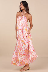 Nikoletta Coral Pink Paisley Print Halter Maxi Dress