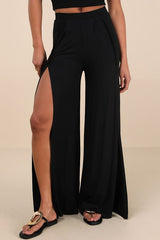 Knockout Black Knit Wide-Leg Slit-Front Pants