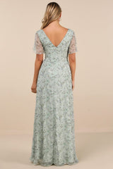 Dreamiest Desires Sage Green Floral Flutter Sleeve Maxi Dress