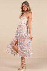Mahryn Beige 3D Floral Embroidered Midi Bodysuit Dress