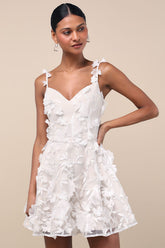 Flaviana White and Beige 3D Floral Embroidered Mini Dress