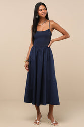 Tandria Navy Smocked Sleeveless Midi Dress