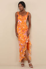 Lovable Spirit Orange Floral Burnout Ruffled High-Low Maxi Dress