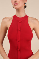 Sunia Red Sleeveless Button-Front Midi Sweater Dress