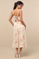 Rosalee Ivory Floral Mixed Media Midi Dress