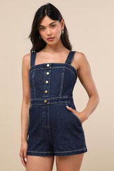 Thema Dark Wash Denim Button-Front Romper