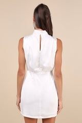 Classic Elegance White Satin Sleeveless Mock Neck Mini Dress