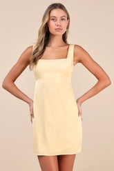 Truly the Cutest Light Yellow Satin Square Neck Mini Dress