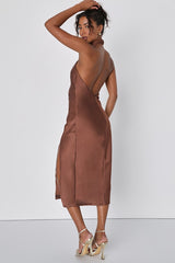 Beyond Classy Brown Satin Halter Midi Dress