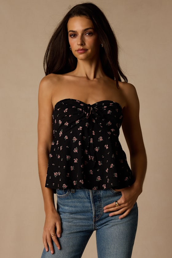 Rinna Black Floral Strapless Peplum Top