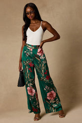 Thriving Vibes Green Floral Print Satin Wide-Leg Pants