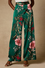 Thriving Vibes Green Floral Print Satin Wide-Leg Pants