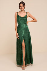 Simply Dreamy Emerald Green Satin Floral Jacquard Maxi Dress