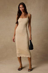 Ventura Vision Beige Crochet Lace-Up Midi Dress