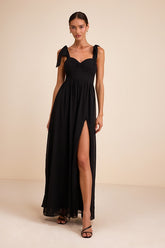 Radiant Charisma Black Chiffon Ruched Tie-Strap Maxi Dress