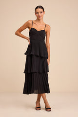 Cascading Crush Black Tiered Bustier Midi Dress