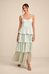 Stunning Glory Sage Green Floral Jacquard Tiered Maxi Dress