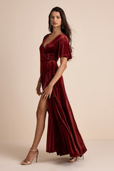 Defining Elegance Rust Red Velour Short Sleeve Wrap Maxi Dress