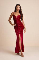 Stunning Invitation Magenta Velvet Ruched Sleeveless Maxi Dress