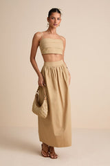 Marina Tan Pleated Cotton Cami Crop Top