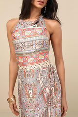 Radina Orange Paisley Print Satin Halter Midi Wrap Dress