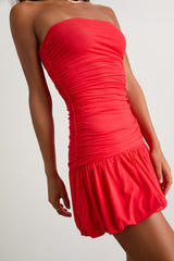 Calix Bright Red Strapless Ruched Bubble-Hem Mini Dress
