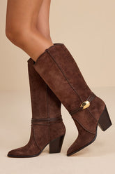 Jody Dark Brown Suede Leather Stitched Knee-High Boots