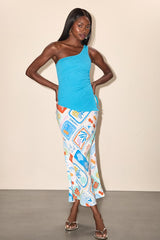 Jenima Aqua Blue Ribbed Knit One-Shoulder Tank Top