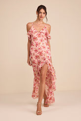 Tameron Pink Floral Ruffled High-Low Maxi Dress