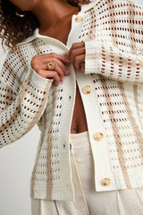 Maysen Ivory and Beige Striped Crochet Collared Cardigan