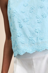 Pleasant Personality Blue Floral Embroidered Crew Neck Tank Top