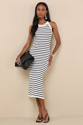 Tove White Striped Ribbed Knit Bodycon Midi Dress