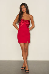 Bring the Poise Red Strapless Bow Mini Dress