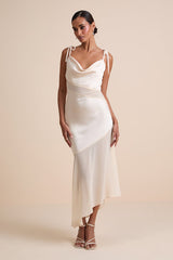 Enara Cream Satin Mesh Tie-Strap Asymmetrical Midi Dress