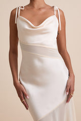 Enara Cream Satin Mesh Tie-Strap Asymmetrical Midi Dress