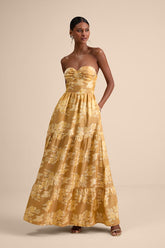 Petrina Golden Yellow Floral Jacquard Strapless Maxi Dress