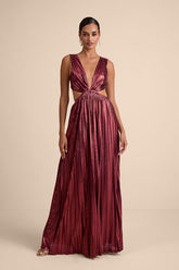 Shining Luxury Wine Red Metallic Lurex Cutout Maxi Dress