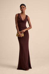 Stunning Mystery Brown Mesh Cowl Back Mermaid Maxi Dress